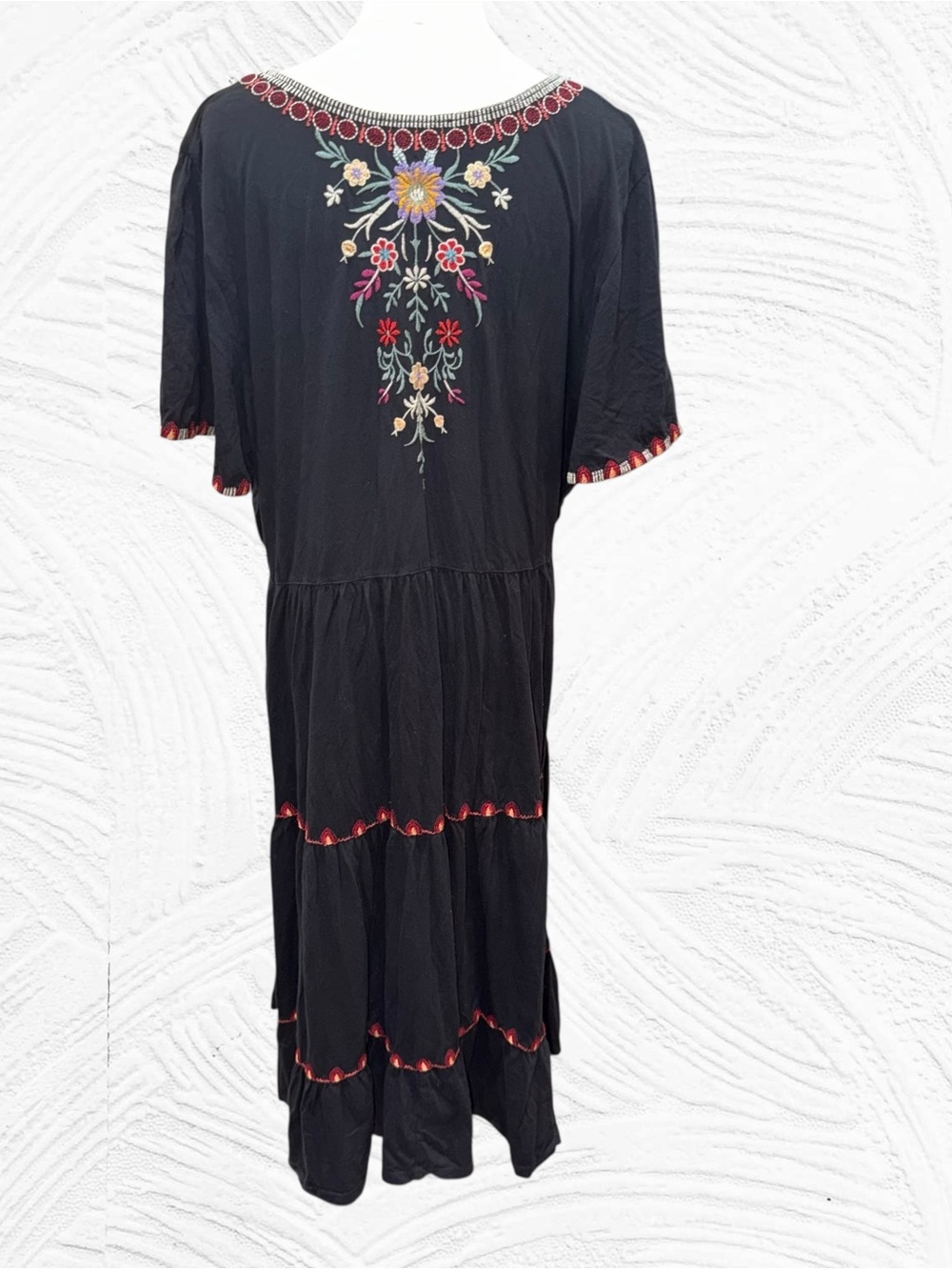 Johnny Was Black Embroidered Short Sleeve Tiered Dress with Pink & Blue Accents - Picture 5 of 10